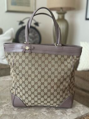 Gucci GG Canvas Tote Bag | Taupe Leather Trim | Made in Italy